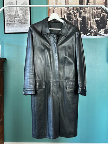Trench lungo in vera pelle nera – stile vintage anni ’90